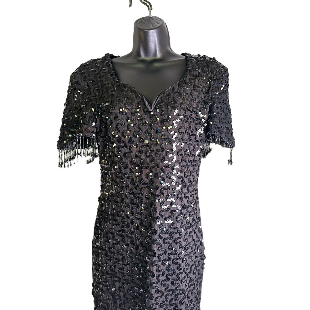 Vtg Y2K Dave & Johnny Black Sequin Beaded Maxi Flapper Witchy Whimsigoth Dress
